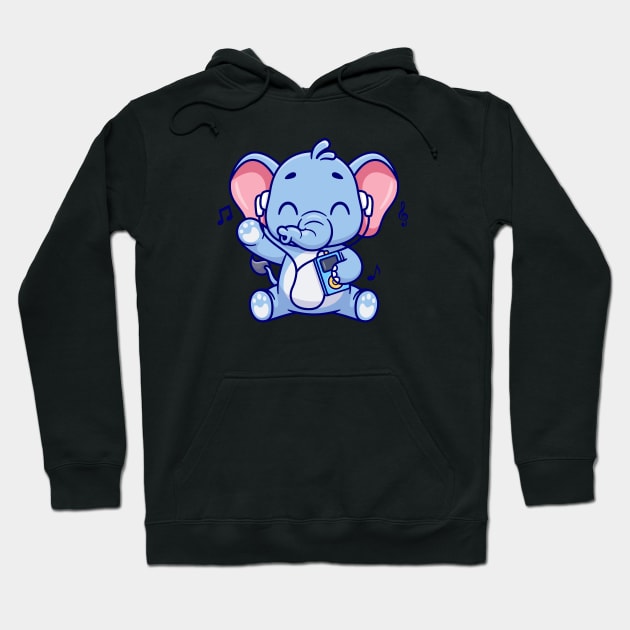 Cute Elephant Listening Music With Earphone Cartoon Hoodie by Catalyst Labs